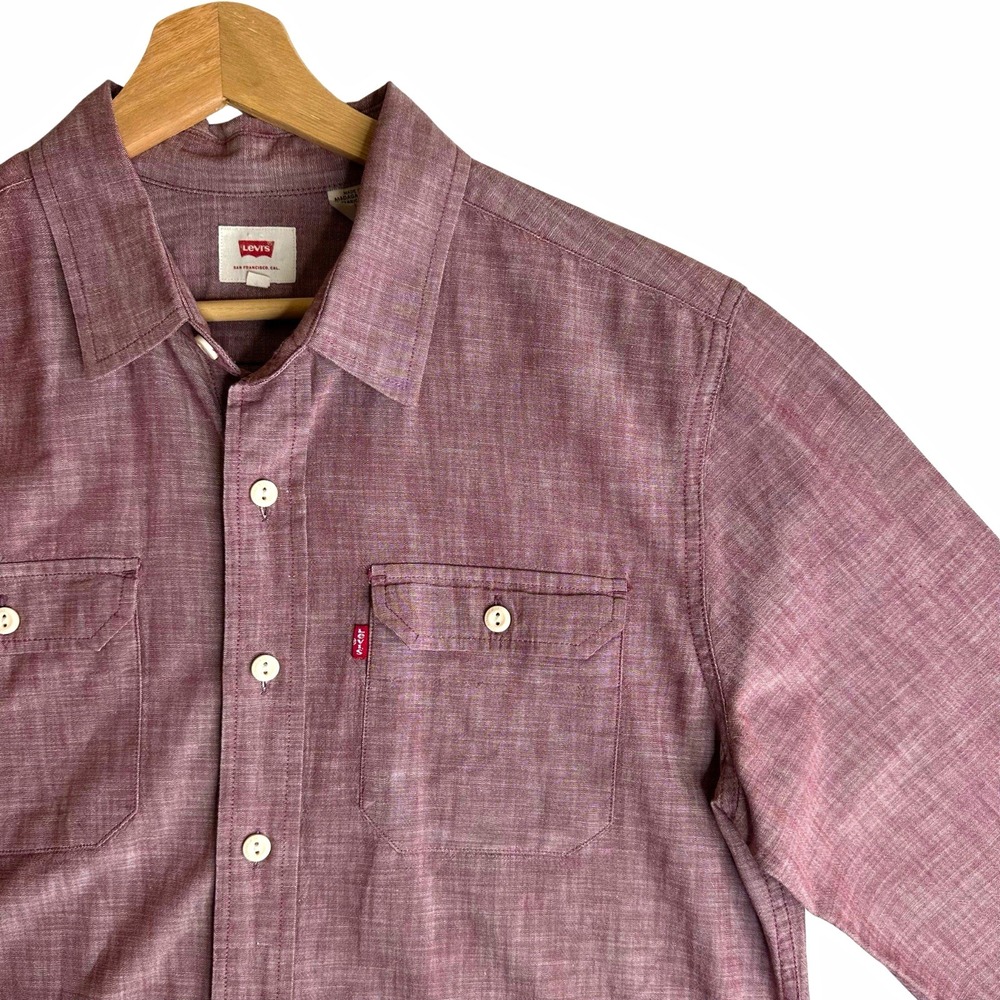 Levi's Mens Classic Worker Shirt Large Burgundy Red Chambray Long Sleeve Pocket